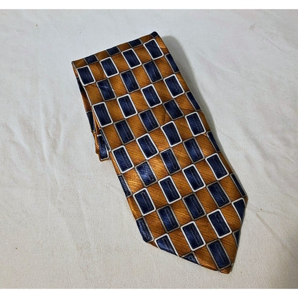 Jacobs Roberts‎ Ltd Mens Geometric Silk Tie Gold Blue Hand Sewn USA R Bryant Ltd